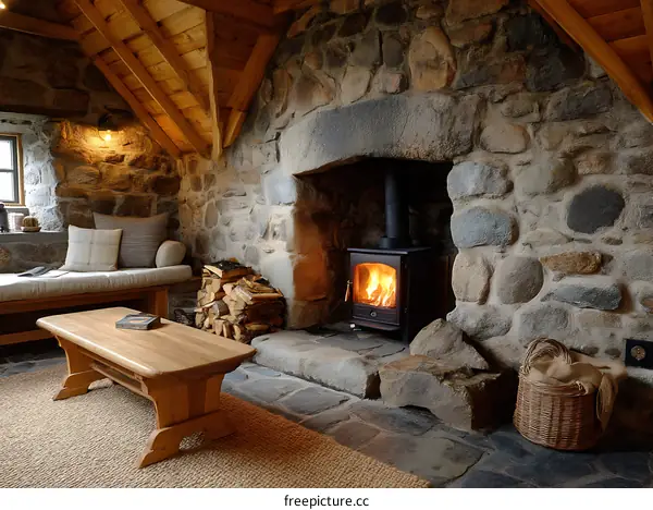 Rustic Stone Fireplace Cottage Living Room