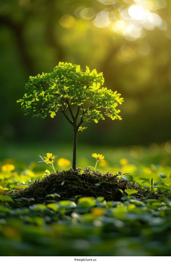 Tree by a Field of Golden Blooms