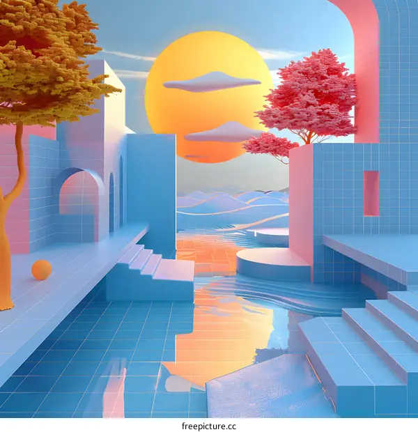 Surreal Geometric Landscape with Pink Trees and Blue Buildings