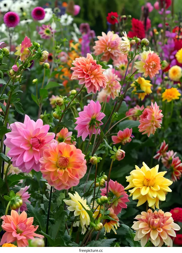 Colorful Dahlias Blooming in a Garden