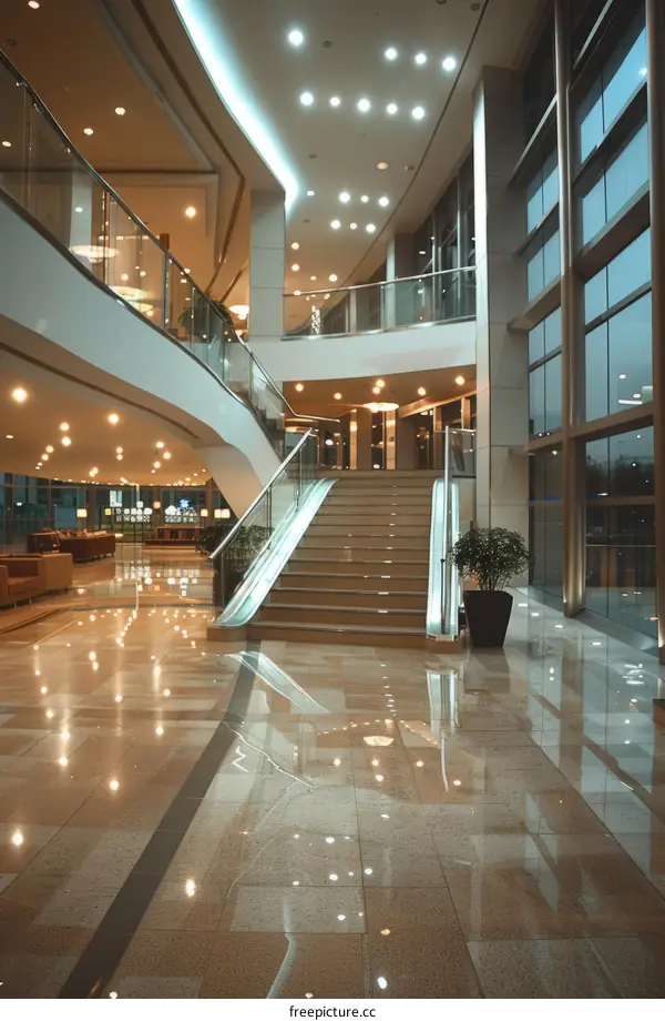 Modern Hotel Lobby Staircase with Glass Windows