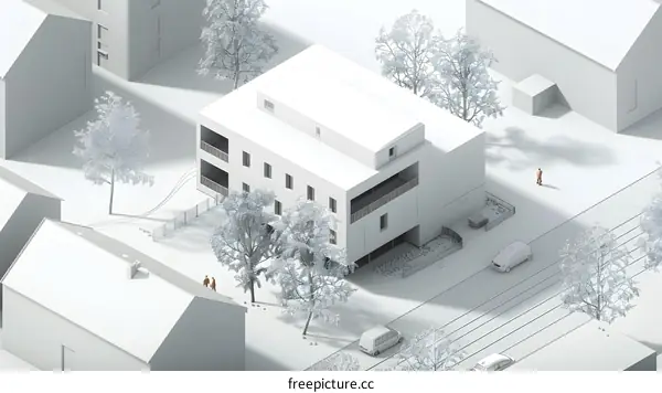 White 3D Rendering of a Building with Trees and Cars