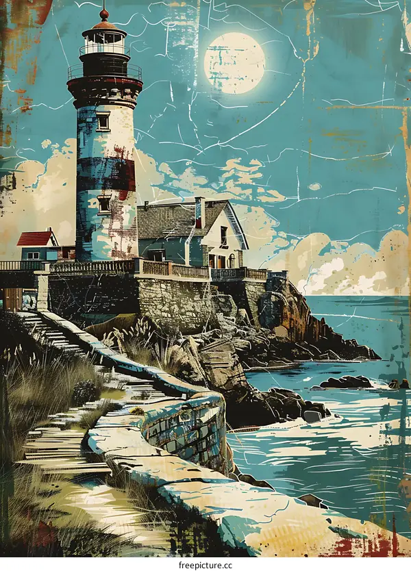 Coastal Lighthouse and House with a Blue Sky and the Moon in the Background