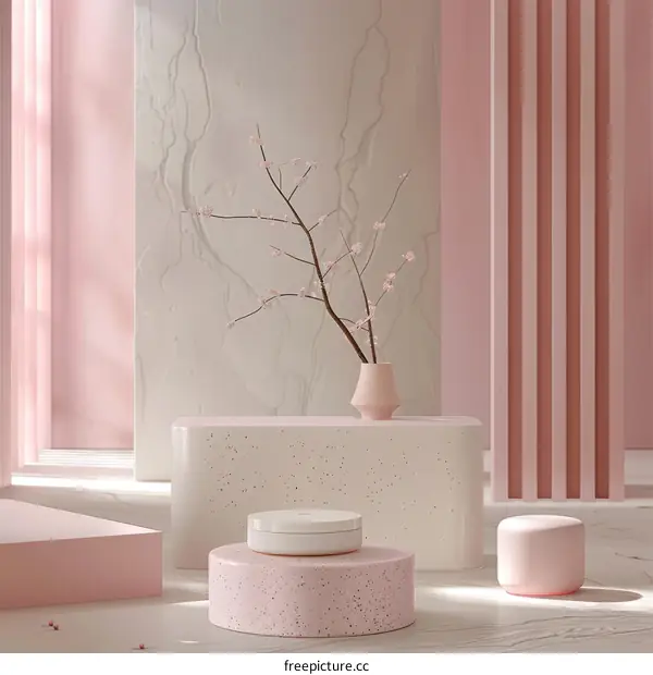 Pink Minimalist Podium with Sakura Blossoms and Geometric Shapes