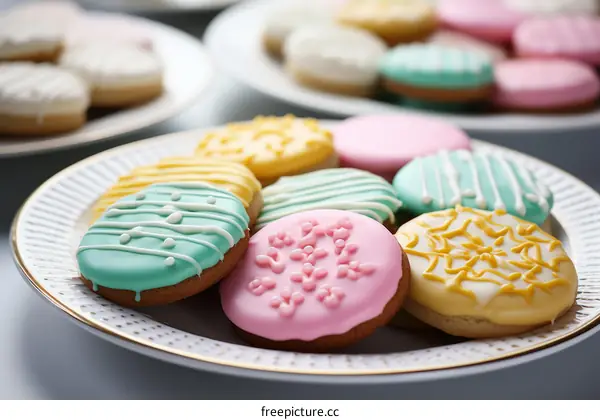 Various Easter cookies decorated with pastel icing