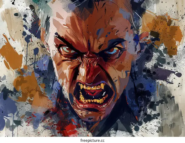 An illustration of a fierce looking werewolf with yellow eyes and sharp teeth snarling at the viewer.