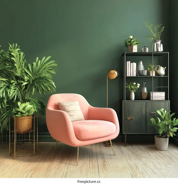 Modern Living Room Interior Design with Green Walls and Pink Armchair