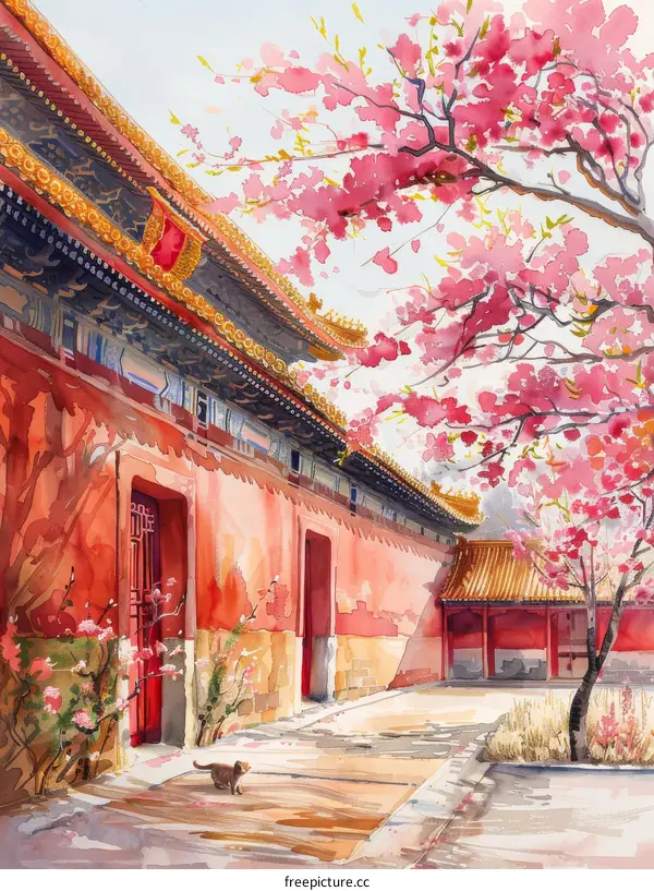 Chinese courtyard with pink peach blossom trees and a cat