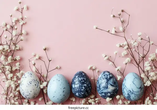 Easter Eggs Decorated with Flowers on Pink Background