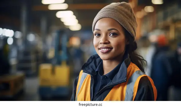 Portrait of a smiling young African American woman wearing a hard hat and safety vest in a warehouse.