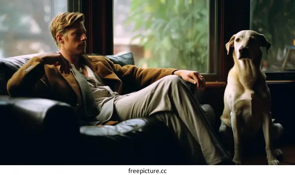 A man and his dog are sitting on a couch looking out the window.