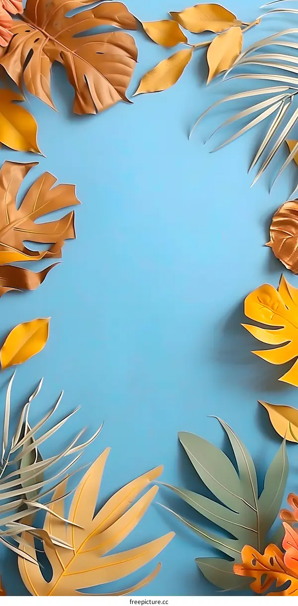 Tropical Leaves on Blue Background Flat Lay