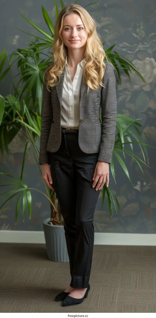 Confident young businesswoman standing in front of the plant