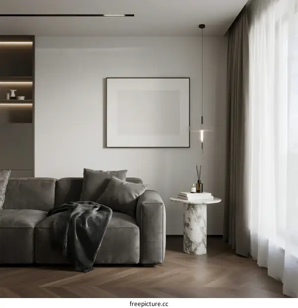 Modern minimalist living room with gray sofa and marble side table