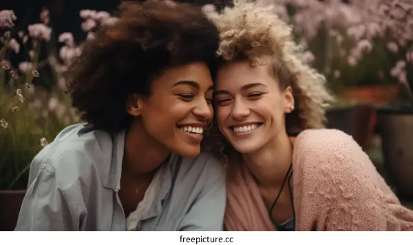 Two young women with curly hair smiling and laughing together