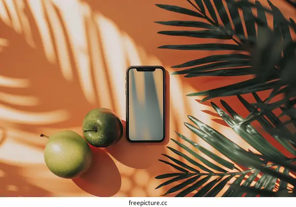 Green Apples and Smartphone with Palm Leaf Shadow on Orange Background
