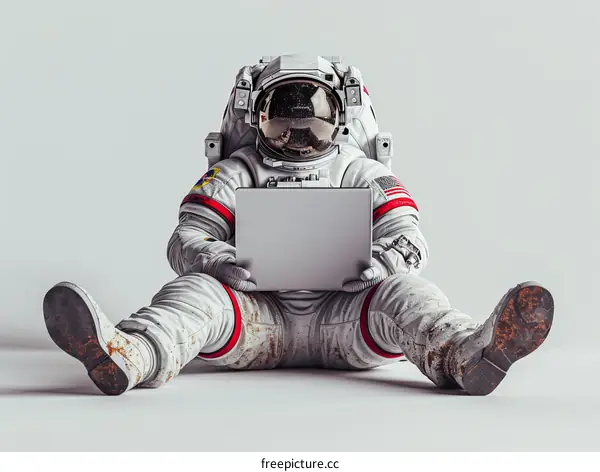 Astronaut Sitting on Lunar Surface Operating Laptop
