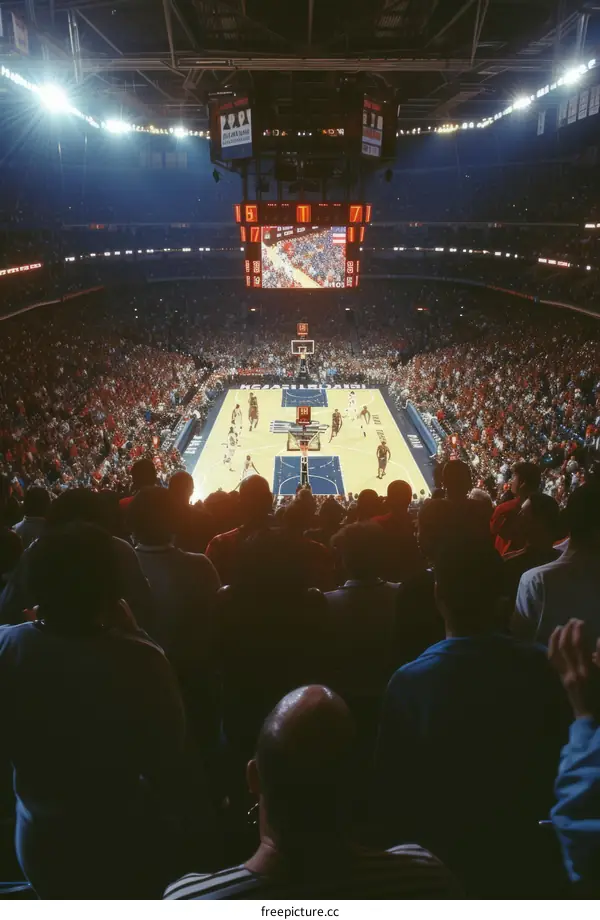 Basketball game at a large arena with many spectators