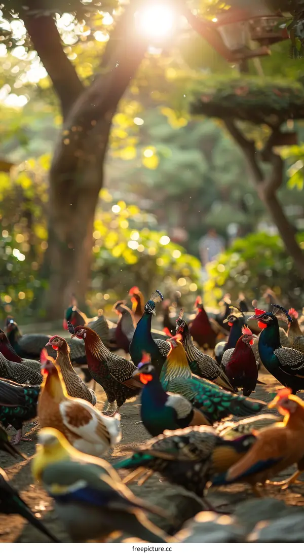 A group of peafowl and chickens foraging for food in a forest