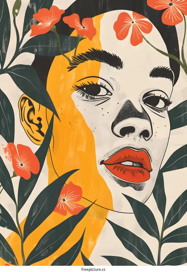Woman Face Illustration with Flowers and Leaves