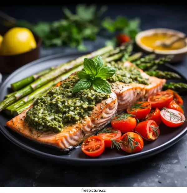 Grilled Salmon with Asparagus and Tomatoes