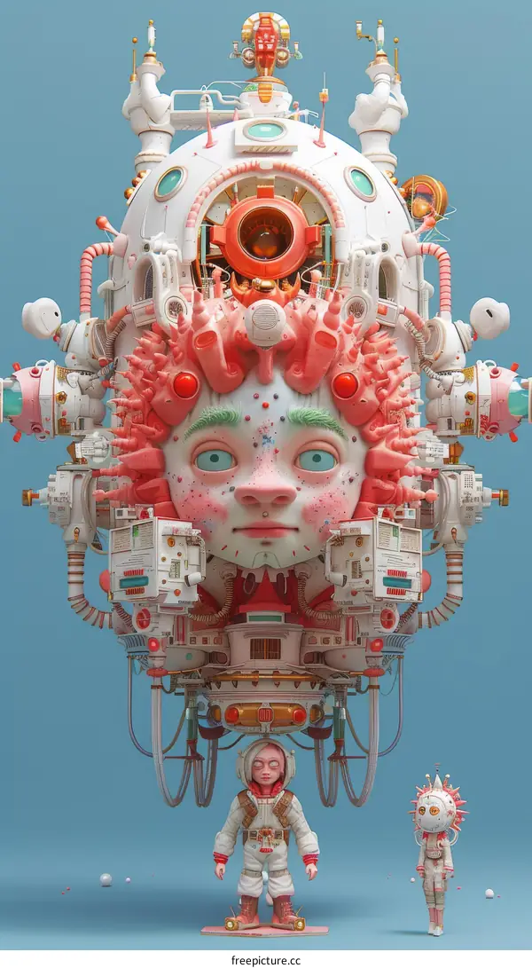 A surreal image of a cyborg with a human face and a mechanical body