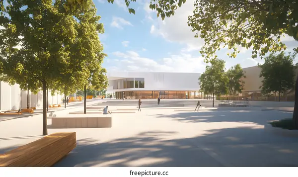 Modern Building with a Large Open Square and People