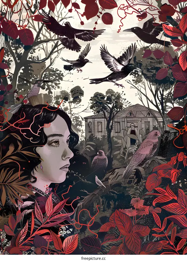 Woman Looking Away From House With Birds Flying