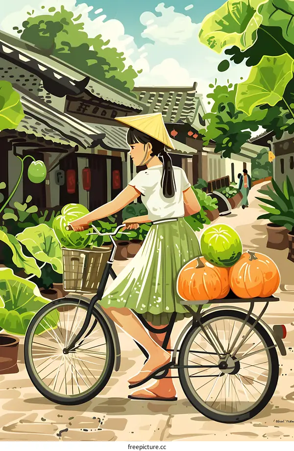 Woman Riding a Bicycle Through a Village in China