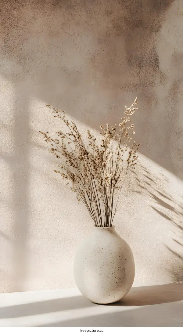 Minimalist Dried Flowers In Vase Against Wall With Natural Light