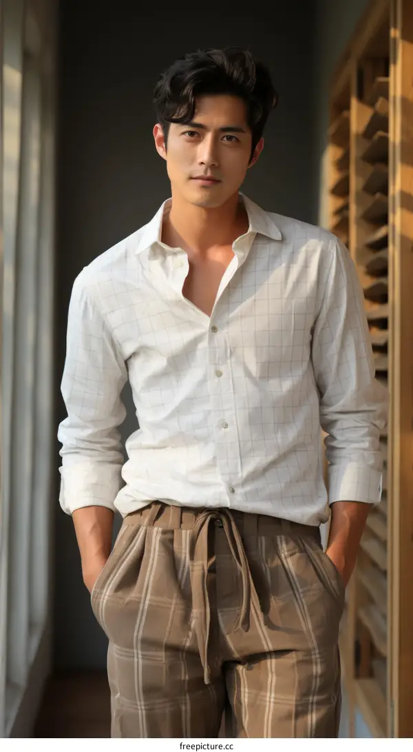 A handsome Asian man is standing with hands in his pockets