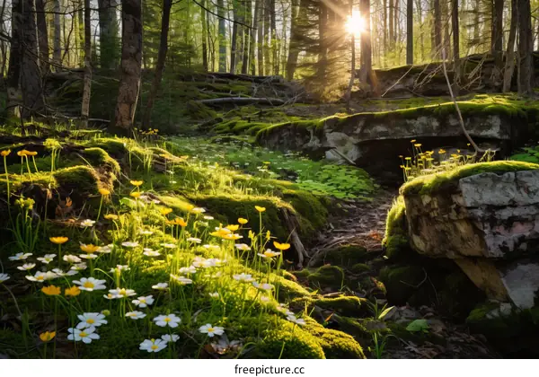 The sun shines through the forest