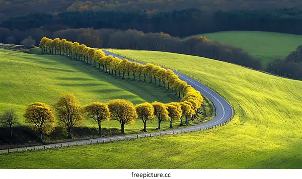 Autumnal Road Through Golden Trees Scenic Landscape