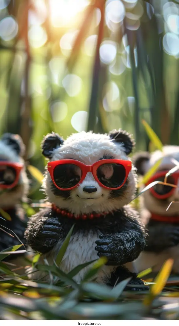 Three Pandas Wearing Sunglasses in the Bamboo Forest