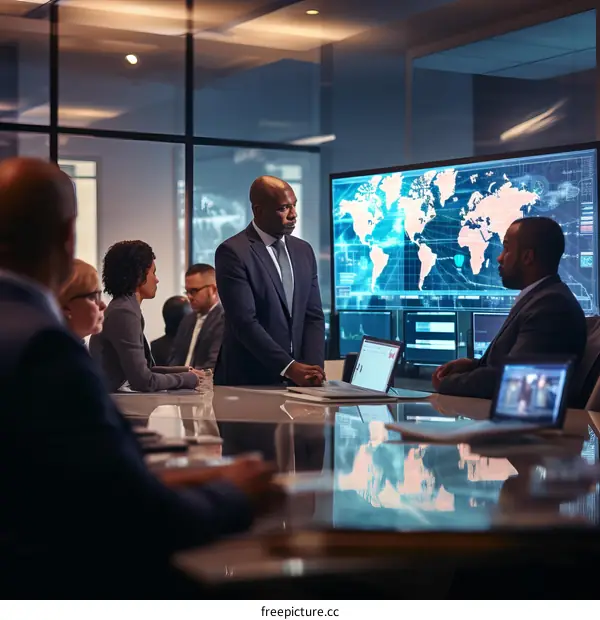 A group of people are having a meeting in a conference room.