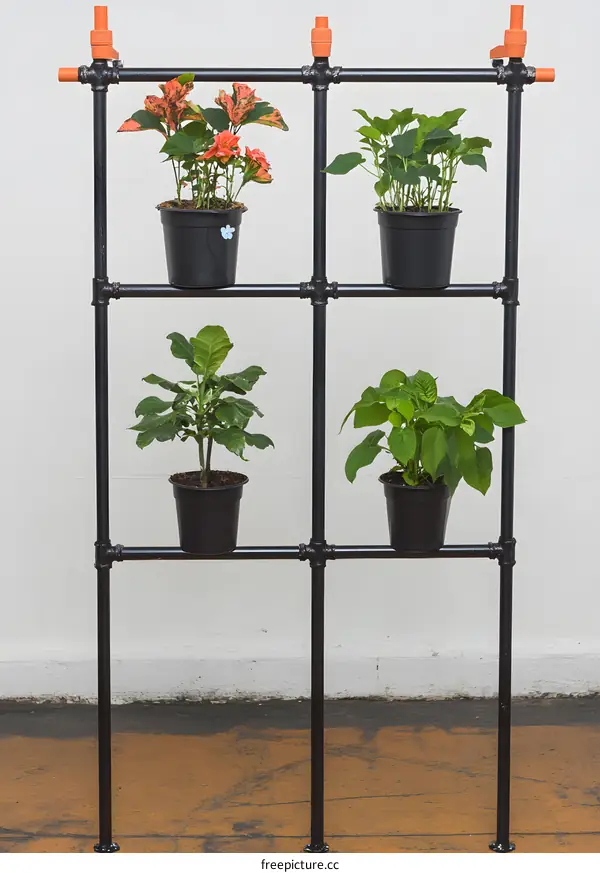 Black Metal Pipe Plant Stand with Four Plants