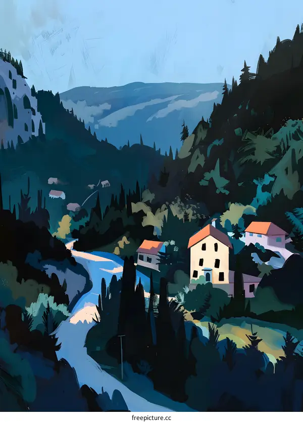 Blue Sky Mountain Landscape with Houses