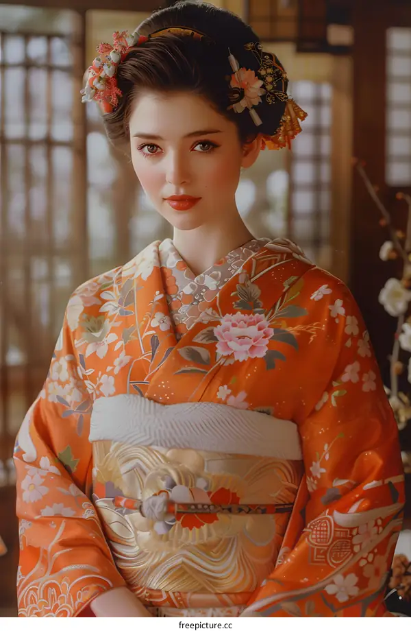 Portrait of a young woman in a kimono