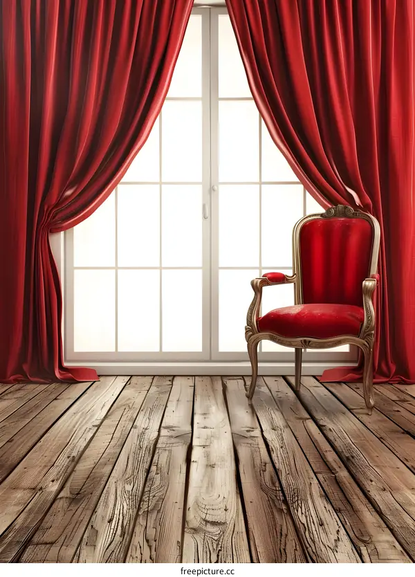 Red Curtains and a Golden Chair Interior Design