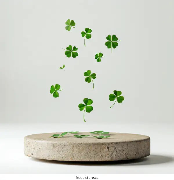 Green clovers floating above a stone podium against a white background