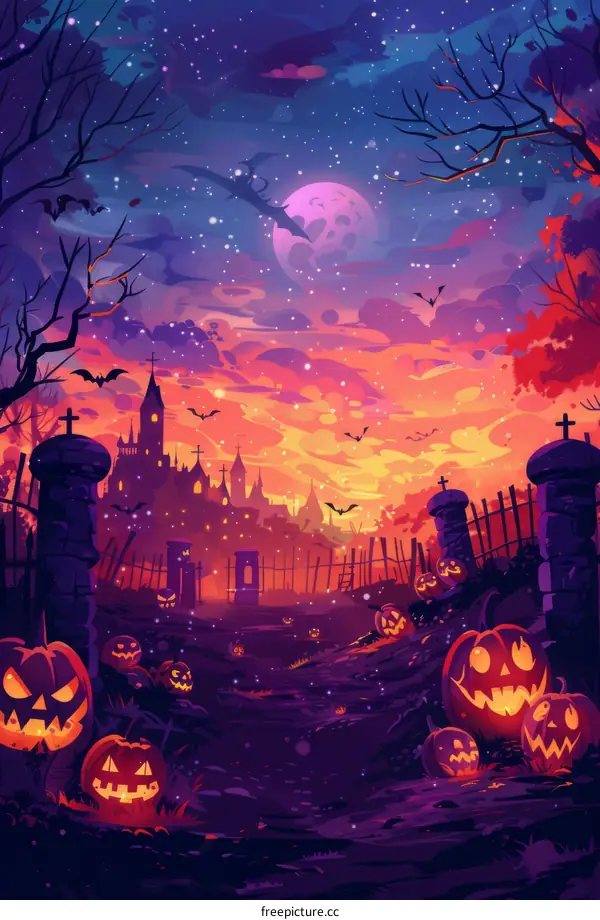 Spooky Halloween Night with Full Moon and Creepy Bats by Haunted Castle