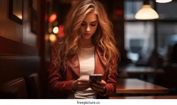 Blonde woman in red leather jacket using smartphone in dimly lit restaurant