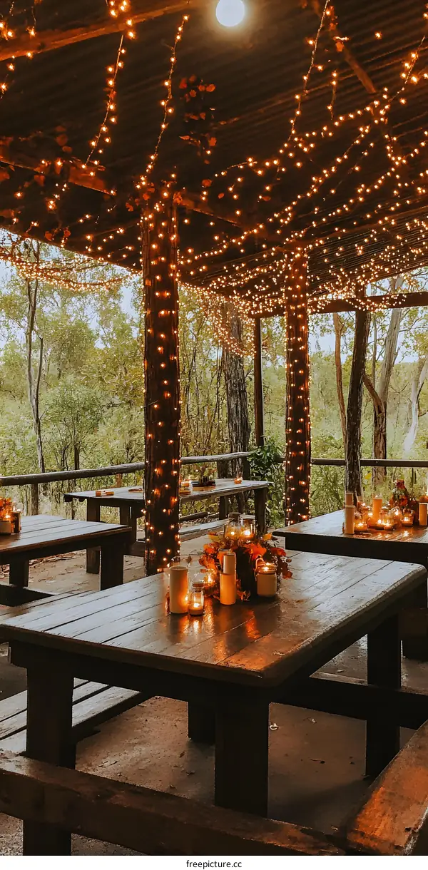 Rustic Outdoor Dining Area With String Lights