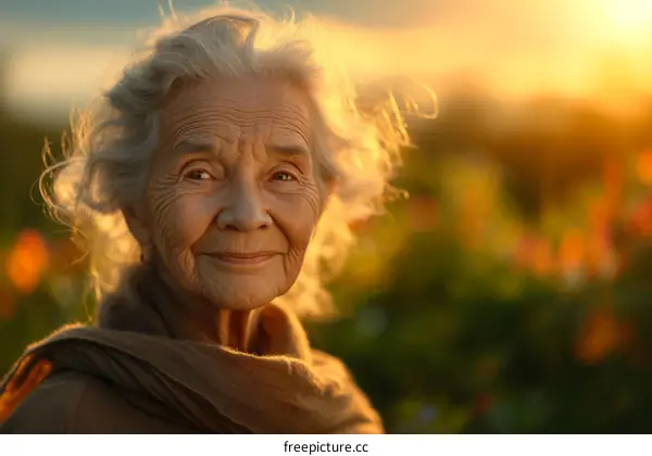 Portrait of an elderly woman smiling in a field of flowers