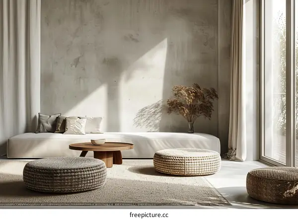 Minimalist Living Room with White Sofa and Round Coffee Table