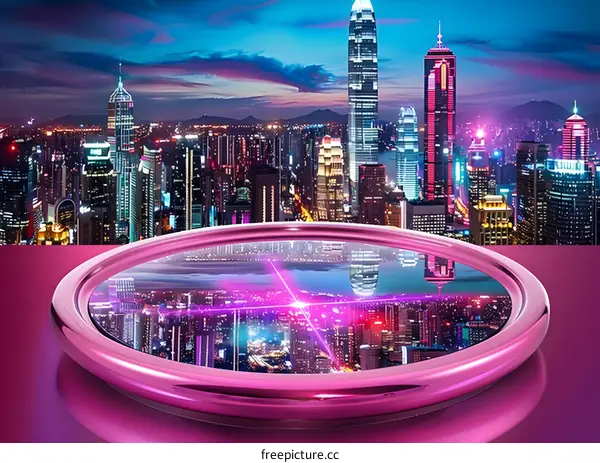 Pink Circle Frame With Cityscape Reflection