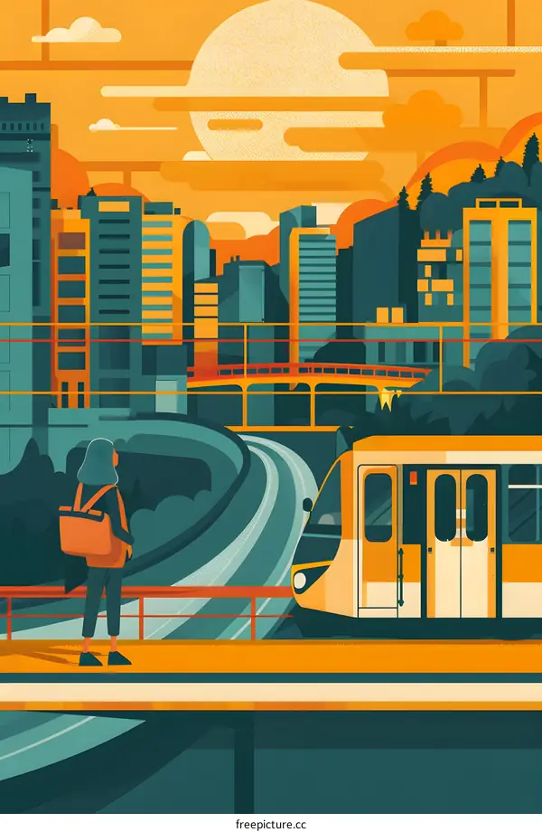 Urban Landscape with Train and Woman Looking at the Cityscape