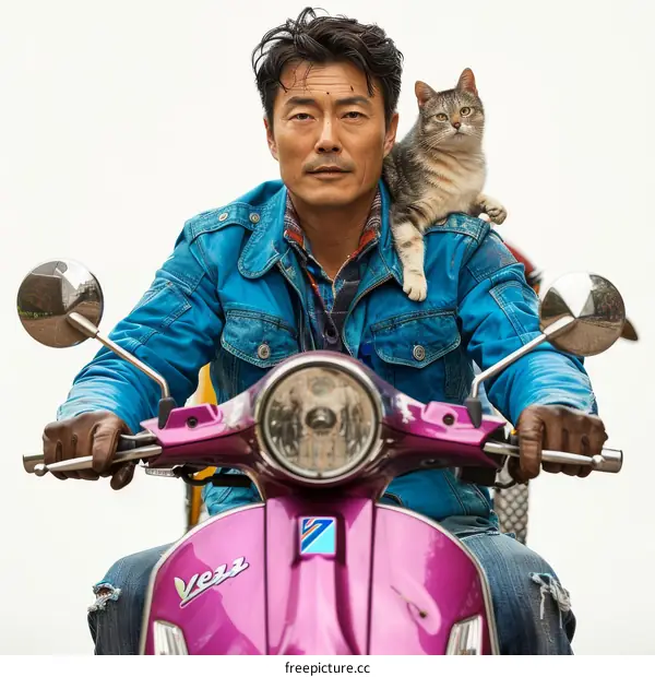 A man riding a scooter with a cat on his shoulder