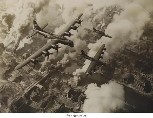 American bombers flying over a destroyed German city during World War II