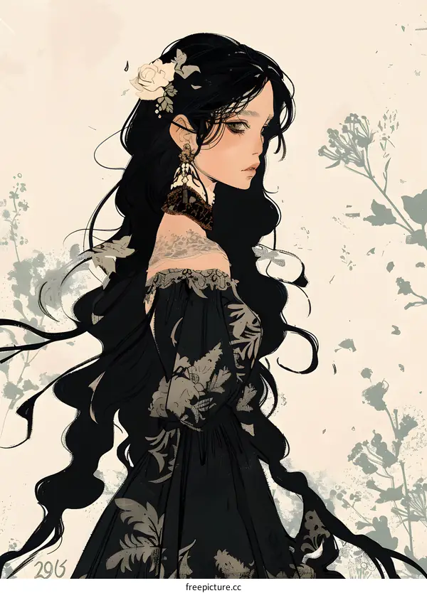 Woman with Black Hair and Floral Dress